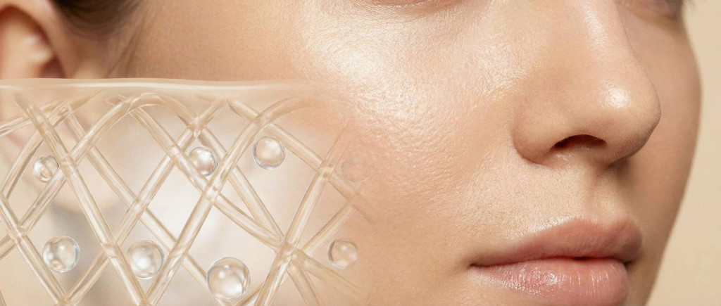Hudnära foto med fokus på struktur och lyster, som illustrerar kollagen och hudens uppbyggnad.