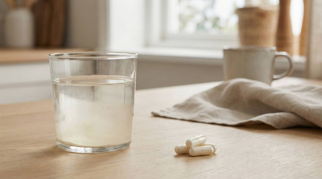 kollagenkapslar och ett glas med kollagenpulver