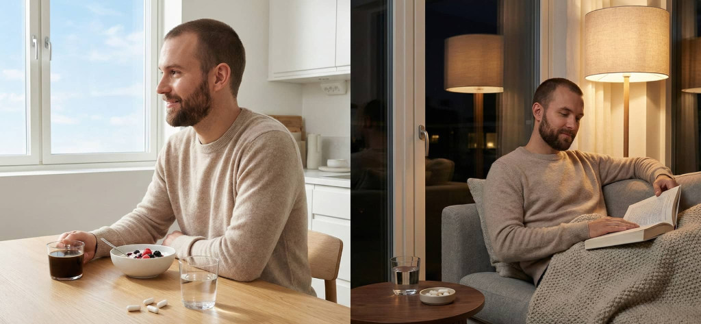 Person tar kollagenkapslar med vatten på morgonen och kvällen i vardagsmiljö.