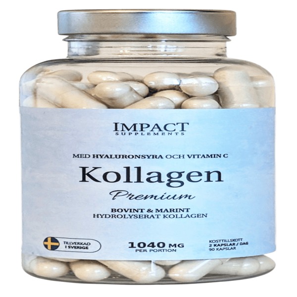Kollagen Premium från Impact Supplements med marint och bovint kollagen, vitamin C och hyaluronsyra.
