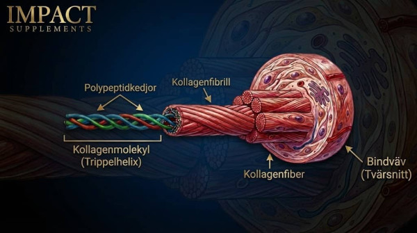 Medicinsk illustration som visar kollagenets struktur, från polypeptidkedjor och trippelhelix till kollagenfibriller, kollagenfiber och ett tvärsnitt av bindväv.