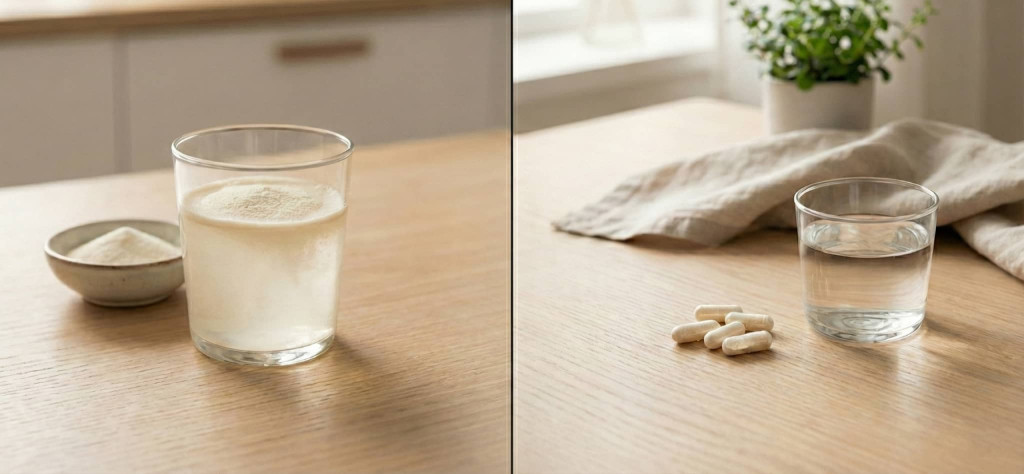 Jämförelse mellan kollagenpulver i glas och kapslar placerade sida vid sida på ljus träyta