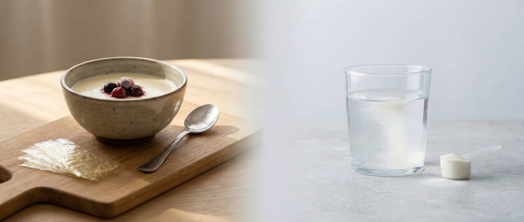 Illustration som jämför gelatin i mat och kollagenpeptider i dryck