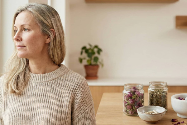 kvinna i klimakteriet med olika orter