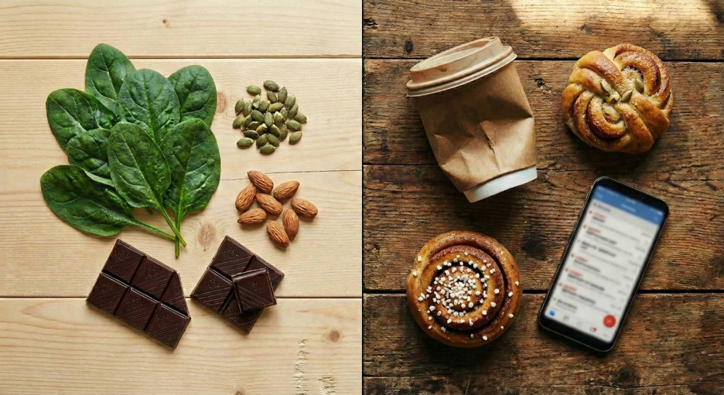Fotografi delat i två: vänster sida visar naturliga magnesiumkällor som spenat och nötter; höger sida visar kaffe, kanelbullar och en mobiltelefon.