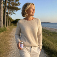 menopause woman posing with product
