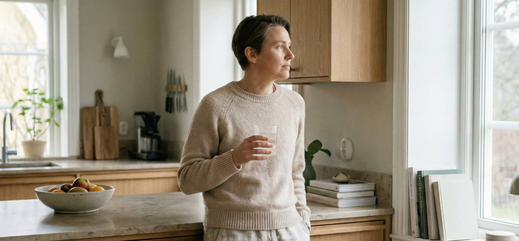 Person i lugnt kök håller ett glas vatten som del av vardagsrutin kring kosttillskott.