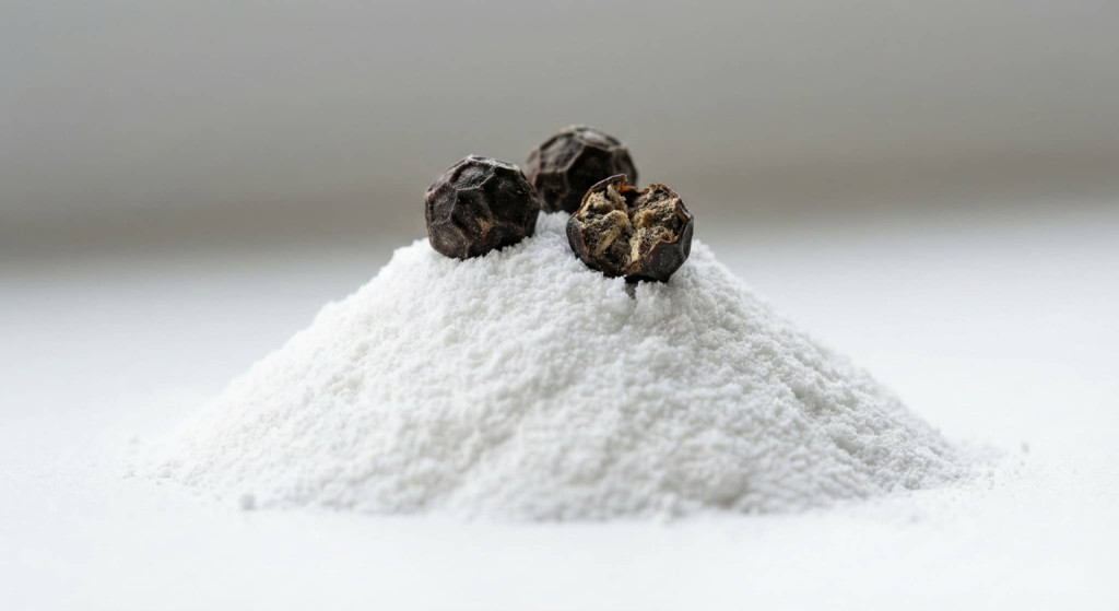 Närbild på vitt magnesiumpulver toppat med svartpepparkorn, som symboliserar tillsatsen av Piperin för ökat upptag.
