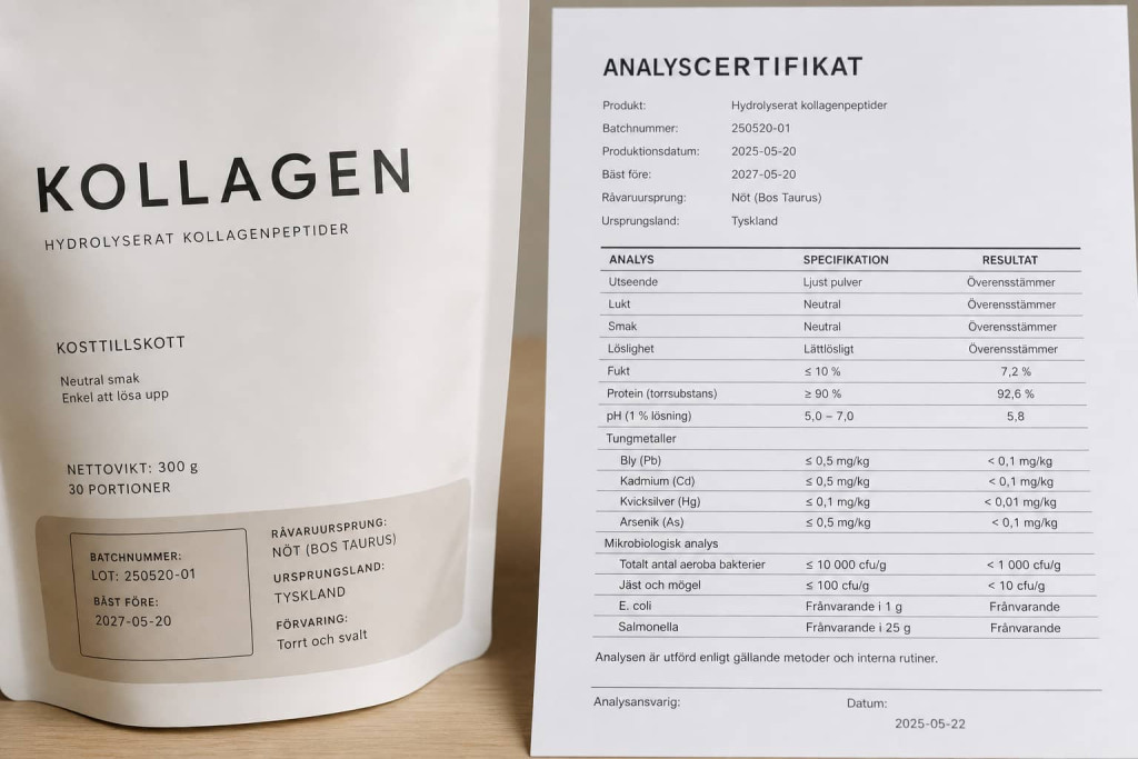 Kollagenförpackning bredvid dokument som symboliserar batchkontroll, råvaruursprung och analysvärden.