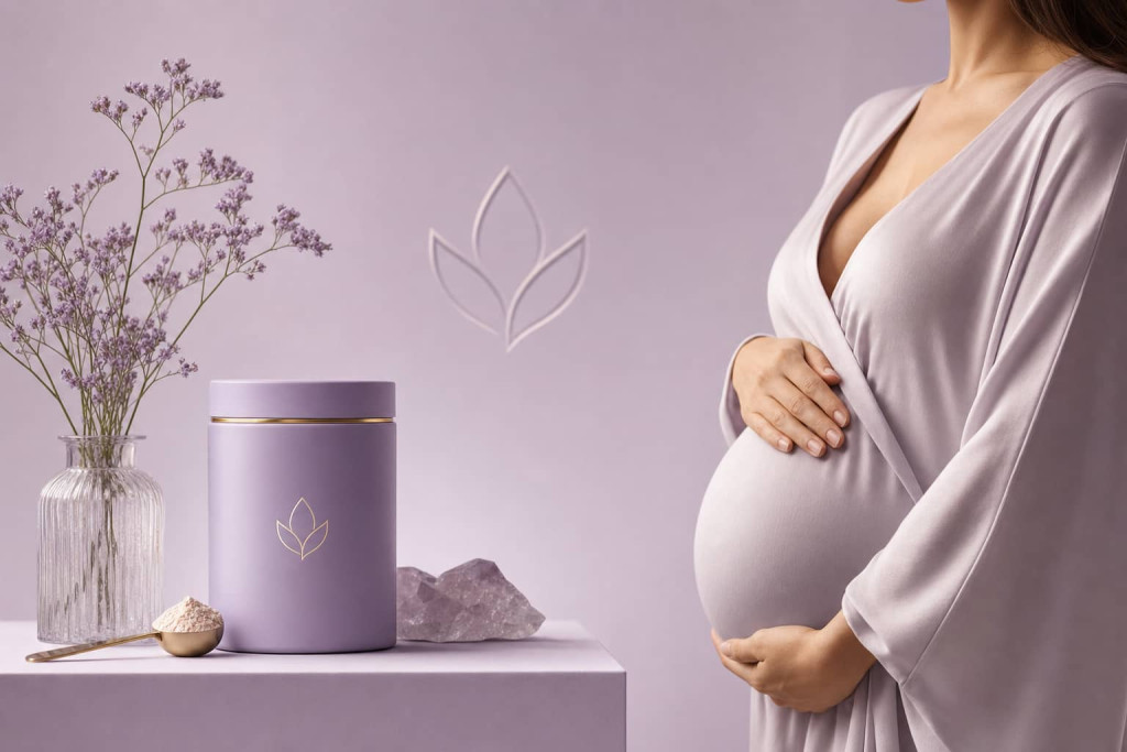 Gravid kvinna håller handen över magen bredvid ett glas med kollagentillskott.