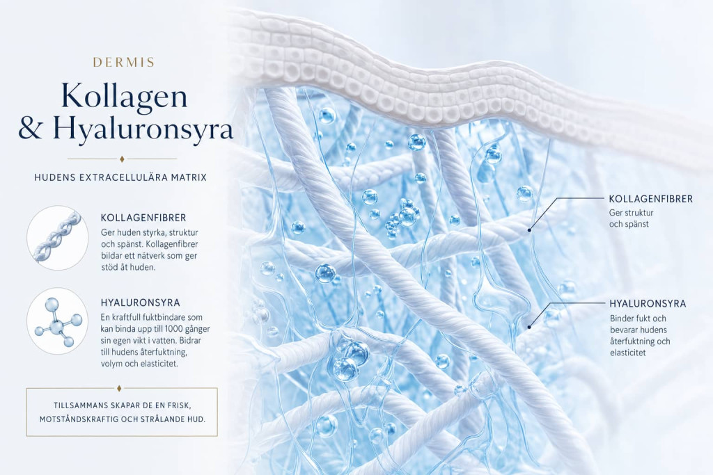 Illustration av hudens dermis med kollagenfibrer, hyaluronsyra och extracellulär matrix.