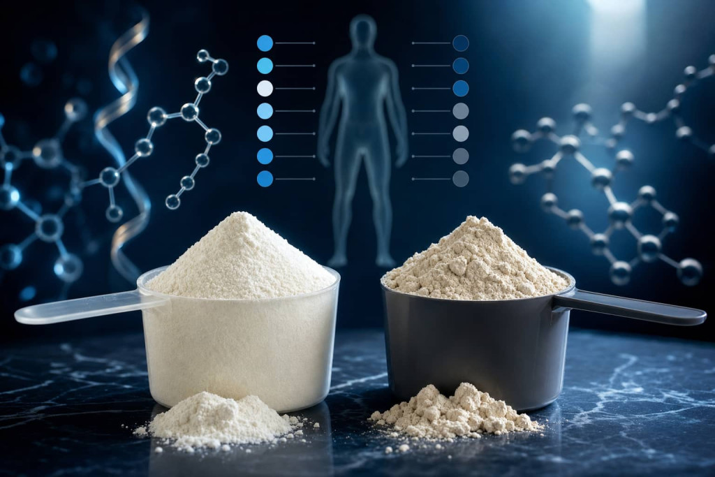 Två skopor med pulver sida vid sida – kollagenpulver och proteinpulver – med grafiska molekylstrukturer i bakgrunden som illustrerar skillnader i aminosyror och användningsområde.