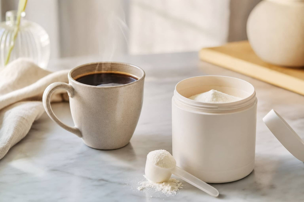 Kopp varmt kaffe bredvid en öppen burk med kollagenpulver och doseringsskopa.