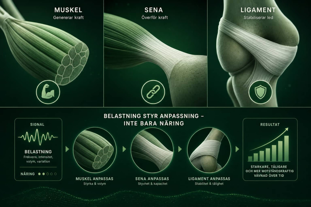 Illustration som visar hur muskel, sena och ligament fungerar vid träning: muskeln skapar kraft, senan överför kraften till skelettet och ligamentet stabiliserar leden.