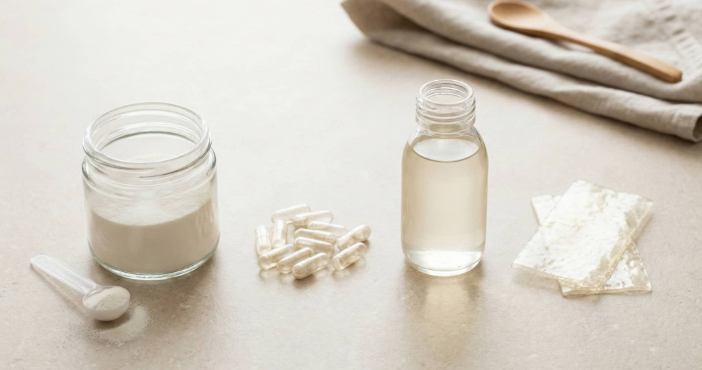 kollagen i olika former - pulver, kapslar, flytande och gelatin
