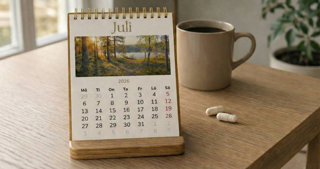 Bordskalender för juli 2026 på ett ljust träbord, med kaffekopp och kapslar bredvid – symbol för tid, vardagsrutin och kontinuitet.